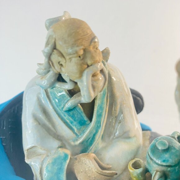 Antique c.1900 Handmade Shiwan Mudmen Two Old Men Seated Drinking Sake Tea - Picture 15 of 15